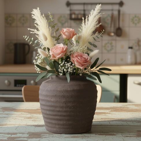 مزهرية سيراميك ريفية من المزرعة - مزهريات زهور مزخرفة بلون الأرض لديكور المنزل البوهيمي، قطعة مركزية لطاولة غرفة المعيشة - لمسة فنية حديثة كبيرة مقاس 7.5 بوصة (بني) in Kuwait