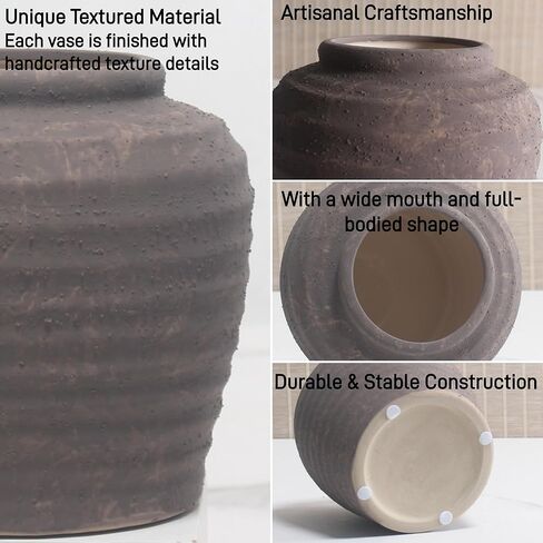 مزهرية سيراميك ريفية من المزرعة - مزهريات زهور مزخرفة بلون الأرض لديكور المنزل البوهيمي، قطعة مركزية لطاولة غرفة المعيشة - لمسة فنية حديثة كبيرة مقاس 7.5 بوصة (بني) in Kuwait