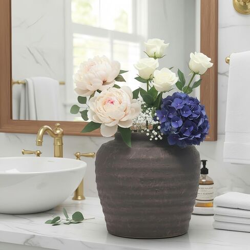 مزهرية سيراميك ريفية من المزرعة - مزهريات زهور مزخرفة بلون الأرض لديكور المنزل البوهيمي، قطعة مركزية لطاولة غرفة المعيشة - لمسة فنية حديثة كبيرة مقاس 7.5 بوصة (بني) in Kuwait