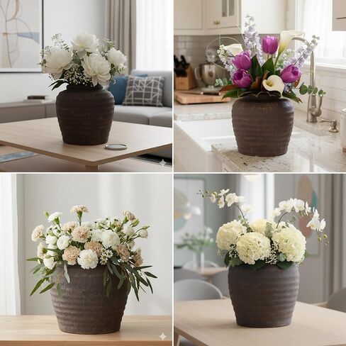 مزهرية سيراميك ريفية من المزرعة - مزهريات زهور مزخرفة بلون الأرض لديكور المنزل البوهيمي، قطعة مركزية لطاولة غرفة المعيشة - لمسة فنية حديثة كبيرة مقاس 7.5 بوصة (بني) in Kuwait