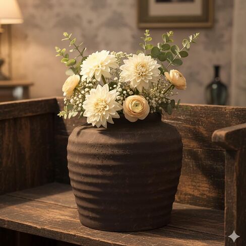 مزهرية سيراميك ريفية من المزرعة - مزهريات زهور مزخرفة بلون الأرض لديكور المنزل البوهيمي، قطعة مركزية لطاولة غرفة المعيشة - لمسة فنية حديثة كبيرة مقاس 7.5 بوصة (بني) in Kuwait