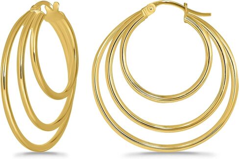 Hoops & Loops 925 Sterling Silver Triple Hoop Earrings for Women, Layered Stacked Trendy Round-Tube High Polished Hoops, Two-Tone 14K Gold, Rose Gold Flash Plated 20mm, 25mm, 30mm, 35mm in Saudi Arabia