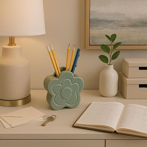 Decorative Ceramic Flower Shape Desktop Organizer for Home Decor - Small Desk Organizer for Office, Workspaces, or Storage - Stylish Office Accessory Decor for Bedroom or Bathroom - 6", Green in Kuwait