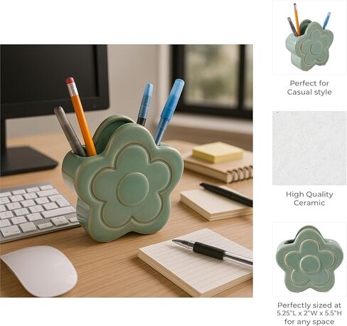 Decorative Ceramic Flower Shape Desktop Organizer for Home Decor - Small Desk Organizer for Office, Workspaces, or Storage - Stylish Office Accessory Decor for Bedroom or Bathroom - 6", Green in Kuwait