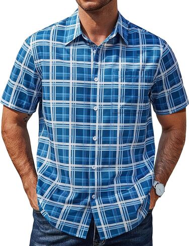 COOFANDY Mens Plaid Button Down Shirts Short Sleeve Casual Summer Shirt Wrinkle Free Dress Shirts with Pocket in Saudi Arabia