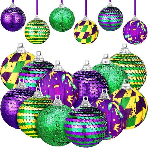 12 Pieces Mardi Gras Ball Ornaments Purple Green Yellow Carnival Tree Ornament Mardi Gras Decorations Sequin Ball Carnival Ornament Mardi Gras Decoration for Tree Home Indoor Party in Saudi Arabia