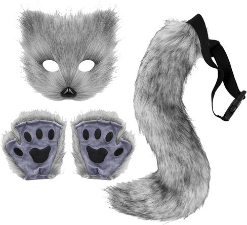 Faux Fur Fox Tail Cat Wolf Cosplay Costume Set Furry Orc Mask and Fox Tail Gloves Set Halloween Christmas Party Girls Women, Mask, a Pair of Gloves and a Tail Three-Piece Set Grey in Saudi Arabia