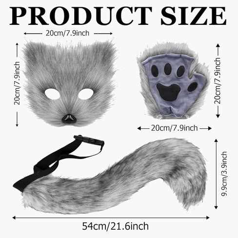 Faux Fur Fox Tail Cat Wolf Cosplay Costume Set Furry Orc Mask and Fox Tail Gloves Set Halloween Christmas Party Girls Women, Mask, a Pair of Gloves and a Tail Three-Piece Set Grey in Saudi Arabia