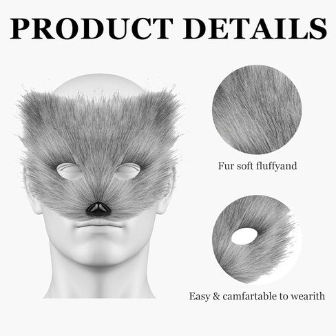 Faux Fur Fox Tail Cat Wolf Cosplay Costume Set Furry Orc Mask and Fox Tail Gloves Set Halloween Christmas Party Girls Women, Mask, a Pair of Gloves and a Tail Three-Piece Set Grey in Saudi Arabia