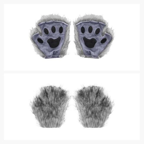 Faux Fur Fox Tail Cat Wolf Cosplay Costume Set Furry Orc Mask and Fox Tail Gloves Set Halloween Christmas Party Girls Women, Mask, a Pair of Gloves and a Tail Three-Piece Set Grey in Saudi Arabia