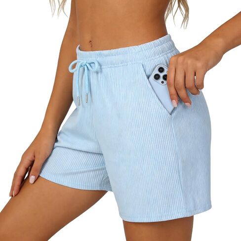 شورت نسائي سريع الجفاف فضفاض مضلع برباط، جيوب ماصة للرطوبة، نوم منزلي، كاجوال للتمرين في صالة الألعاب الرياضية والجري in Kuwait