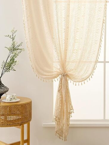 Boho Lace Semi Sheer Curtains 84 Inch Length 2 Panels Set with Tassel Vintage Crochet Sand Beige Light Filtering Sheer Window for Living Room Bedroom Farmhouse Bohemain Home Decor Rod Pocket 54x84 in Saudi Arabia