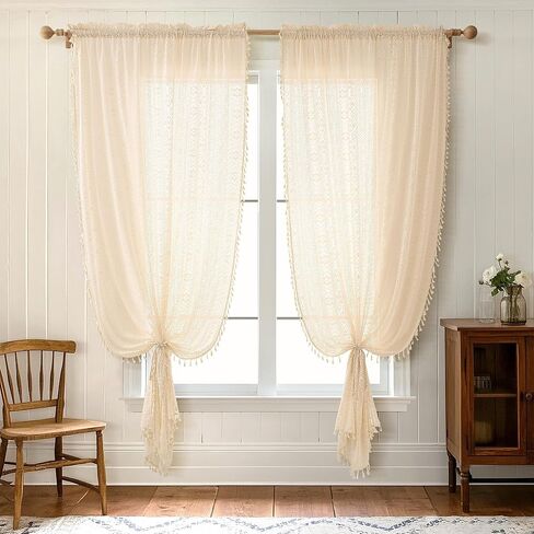 Boho Lace Semi Sheer Curtains 84 Inch Length 2 Panels Set with Tassel Vintage Crochet Sand Beige Light Filtering Sheer Window for Living Room Bedroom Farmhouse Bohemain Home Decor Rod Pocket 54x84 in Saudi Arabia