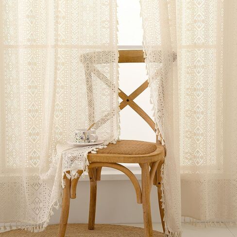 Boho Lace Semi Sheer Curtains 84 Inch Length 2 Panels Set with Tassel Vintage Crochet Sand Beige Light Filtering Sheer Window for Living Room Bedroom Farmhouse Bohemain Home Decor Rod Pocket 54x84 in Saudi Arabia