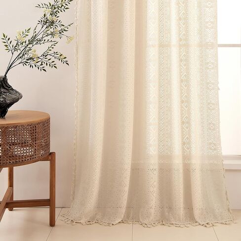 Boho Lace Semi Sheer Curtains 84 Inch Length 2 Panels Set with Tassel Vintage Crochet Sand Beige Light Filtering Sheer Window for Living Room Bedroom Farmhouse Bohemain Home Decor Rod Pocket 54x84 in Saudi Arabia