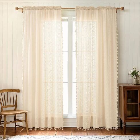 Boho Lace Semi Sheer Curtains 84 Inch Length 2 Panels Set with Tassel Vintage Crochet Sand Beige Light Filtering Sheer Window for Living Room Bedroom Farmhouse Bohemain Home Decor Rod Pocket 54x84 in Saudi Arabia