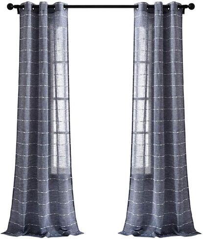Lush Decor Farmhouse Textured Grommet Sheer Window Curtain Panel Pair, 38"W x 84"L, Navy in Saudi Arabia