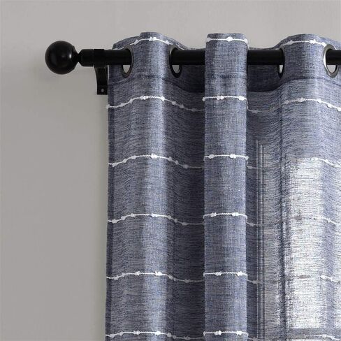 Lush Decor Farmhouse Textured Grommet Sheer Window Curtain Panel Pair, 38"W x 84"L, Navy in Saudi Arabia