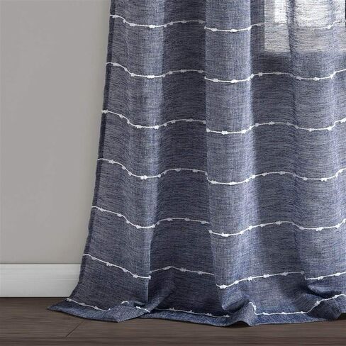 Lush Decor Farmhouse Textured Grommet Sheer Window Curtain Panel Pair, 38"W x 84"L, Navy in Saudi Arabia