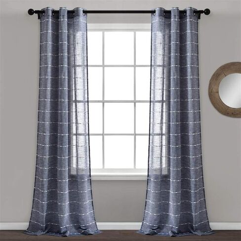 Lush Decor Farmhouse Textured Grommet Sheer Window Curtain Panel Pair, 38"W x 84"L, Navy in Saudi Arabia