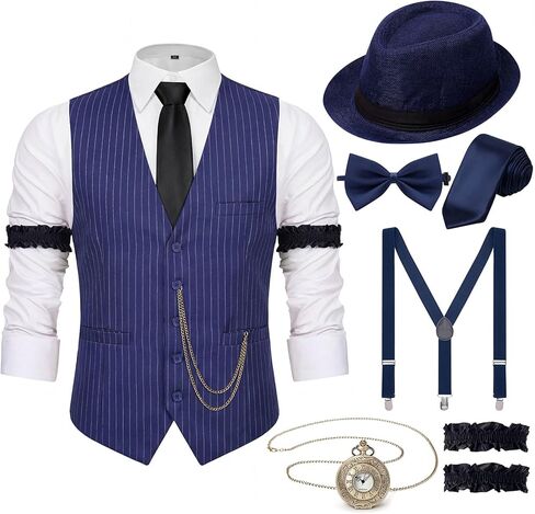 YESSA 1920s Mens Costume,Roaring 20s Costumes for Men,Gatsby Costume Men,1920s Mens Outfit Hat Vest Pocket Watch Suspenders Tie in Kuwait