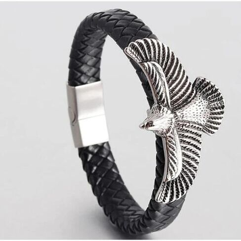 Mens Stainless Steel Vintage Flying Eagle Black Braided Leather Wristband Bangle Bracelet, Rock Punk in Saudi Arabia