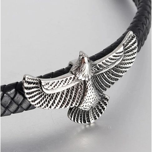Mens Stainless Steel Vintage Flying Eagle Black Braided Leather Wristband Bangle Bracelet, Rock Punk in Saudi Arabia