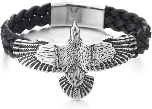 Mens Stainless Steel Vintage Flying Eagle Black Braided Leather Wristband Bangle Bracelet, Rock Punk in Saudi Arabia
