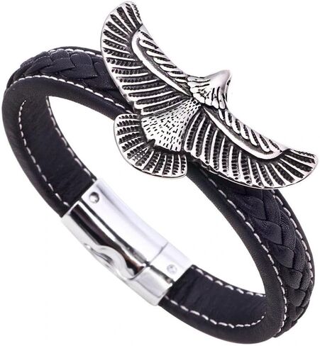 Mens Stainless Steel Vintage Flying Eagle Black Braided Leather Wristband Bangle Bracelet, Rock Punk in Saudi Arabia