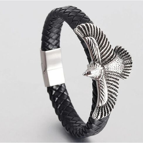 Mens Stainless Steel Vintage Flying Eagle Black Braided Leather Wristband Bangle Bracelet, Rock Punk in Saudi Arabia