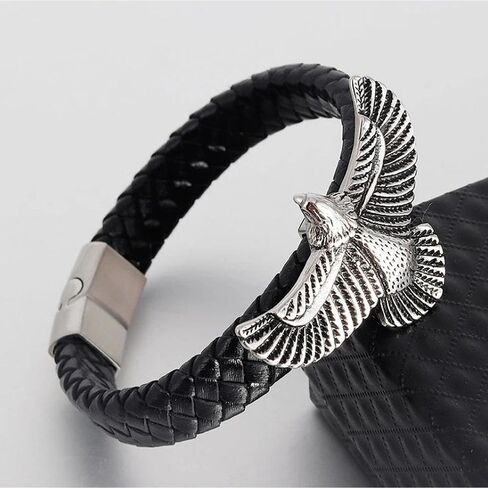 Mens Stainless Steel Vintage Flying Eagle Black Braided Leather Wristband Bangle Bracelet, Rock Punk in Saudi Arabia
