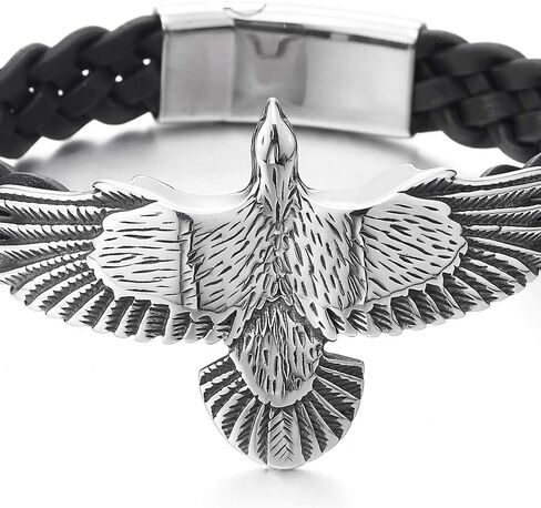 Mens Stainless Steel Vintage Flying Eagle Black Braided Leather Wristband Bangle Bracelet, Rock Punk in Saudi Arabia