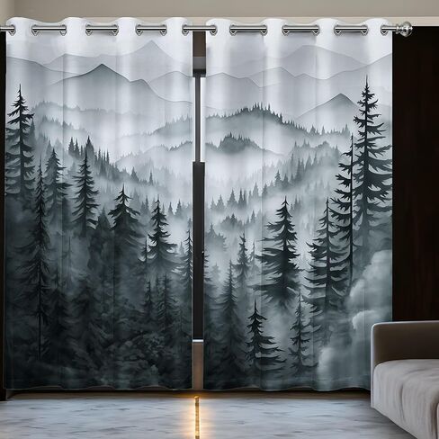 Grey Forest Blackout Curtains, Cool Black and White Gray Window Drapes for Mens Bedroom Living Room, 84 inch Length 2 Panels Set，52x84in in Saudi Arabia
