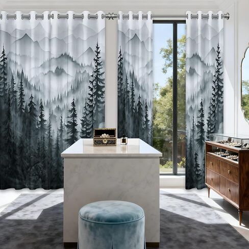 Grey Forest Blackout Curtains, Cool Black and White Gray Window Drapes for Mens Bedroom Living Room, 84 inch Length 2 Panels Set，52x84in in Saudi Arabia