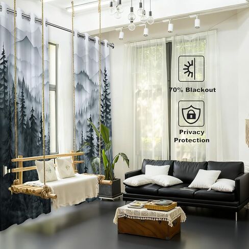 Grey Forest Blackout Curtains, Cool Black and White Gray Window Drapes for Mens Bedroom Living Room, 84 inch Length 2 Panels Set，52x84in in Saudi Arabia