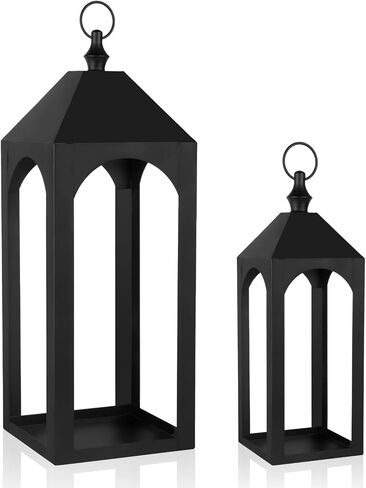 23" 17" Large Black Metal Candle Lanterns Decorative Indoor Modern Farmhouse Lantern Decor Set of 2 Outdoor Lanterns for Porch Patio Floor Mantle Fireplace Lantern for Christmas Halloween Home Decor in Saudi Arabia