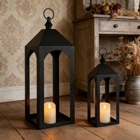 23" 17" Large Black Metal Candle Lanterns Decorative Indoor Modern Farmhouse Lantern Decor Set of 2 Outdoor Lanterns for Porch Patio Floor Mantle Fireplace Lantern for Christmas Halloween Home Decor in Saudi Arabia