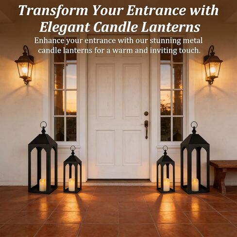 23" 17" Large Black Metal Candle Lanterns Decorative Indoor Modern Farmhouse Lantern Decor Set of 2 Outdoor Lanterns for Porch Patio Floor Mantle Fireplace Lantern for Christmas Halloween Home Decor in Saudi Arabia