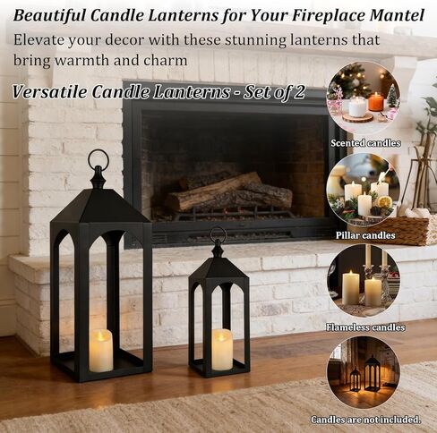 23" 17" Large Black Metal Candle Lanterns Decorative Indoor Modern Farmhouse Lantern Decor Set of 2 Outdoor Lanterns for Porch Patio Floor Mantle Fireplace Lantern for Christmas Halloween Home Decor in Saudi Arabia