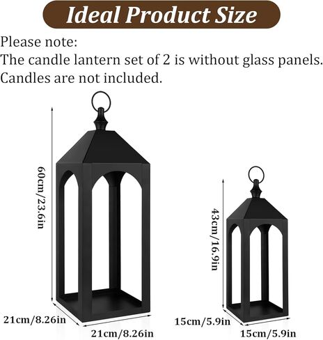 23" 17" Large Black Metal Candle Lanterns Decorative Indoor Modern Farmhouse Lantern Decor Set of 2 Outdoor Lanterns for Porch Patio Floor Mantle Fireplace Lantern for Christmas Halloween Home Decor in Saudi Arabia