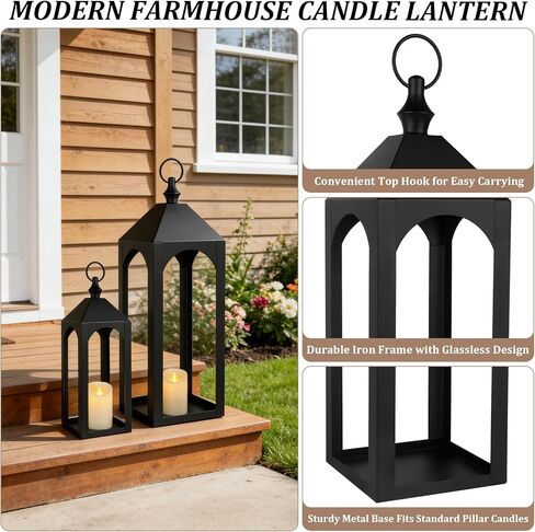 23" 17" Large Black Metal Candle Lanterns Decorative Indoor Modern Farmhouse Lantern Decor Set of 2 Outdoor Lanterns for Porch Patio Floor Mantle Fireplace Lantern for Christmas Halloween Home Decor in Saudi Arabia