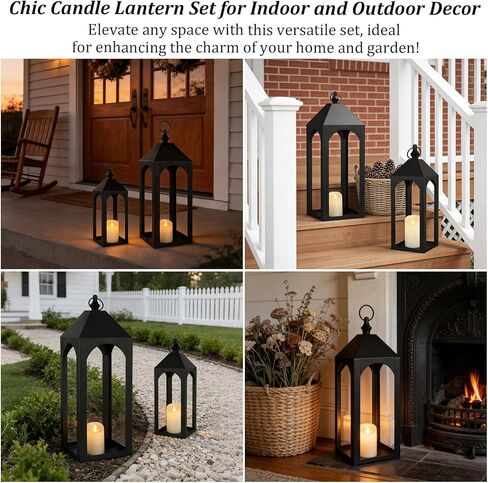 23" 17" Large Black Metal Candle Lanterns Decorative Indoor Modern Farmhouse Lantern Decor Set of 2 Outdoor Lanterns for Porch Patio Floor Mantle Fireplace Lantern for Christmas Halloween Home Decor in Saudi Arabia
