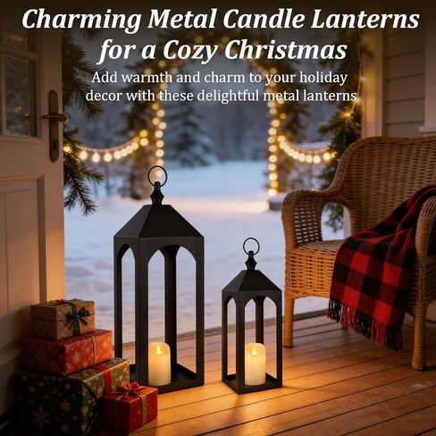 23" 17" Large Black Metal Candle Lanterns Decorative Indoor Modern Farmhouse Lantern Decor Set of 2 Outdoor Lanterns for Porch Patio Floor Mantle Fireplace Lantern for Christmas Halloween Home Decor in Saudi Arabia