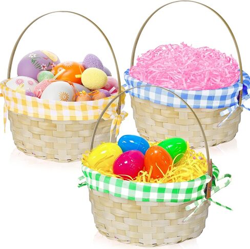 3 PCS Easter Bamboo Baskets with Plaid Lining and Handle Easter Bunny Gifts for Easter Egg Hunt, Kids Party Treats, Filling with Party Favors, Spring Party Favors, Outdoor Activity Prizes in Saudi Arabia