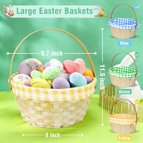 3 PCS Easter Bamboo Baskets with Plaid Lining and Handle Easter Bunny Gifts for Easter Egg Hunt, Kids Party Treats, Filling with Party Favors, Spring Party Favors, Outdoor Activity Prizes in Saudi Arabia