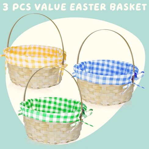 3 PCS Easter Bamboo Baskets with Plaid Lining and Handle Easter Bunny Gifts for Easter Egg Hunt, Kids Party Treats, Filling with Party Favors, Spring Party Favors, Outdoor Activity Prizes in Saudi Arabia