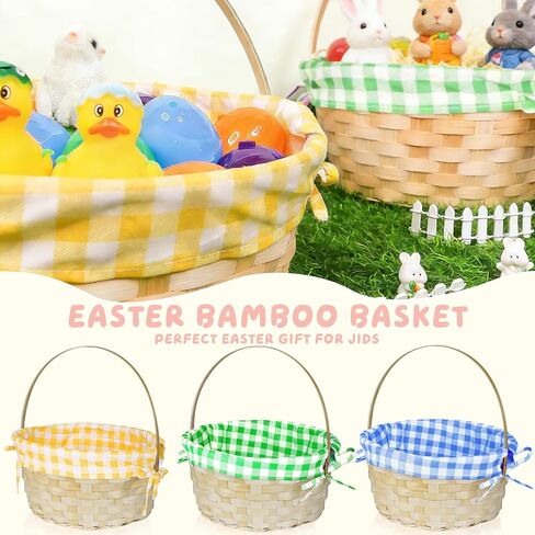 3 PCS Easter Bamboo Baskets with Plaid Lining and Handle Easter Bunny Gifts for Easter Egg Hunt, Kids Party Treats, Filling with Party Favors, Spring Party Favors, Outdoor Activity Prizes in Saudi Arabia