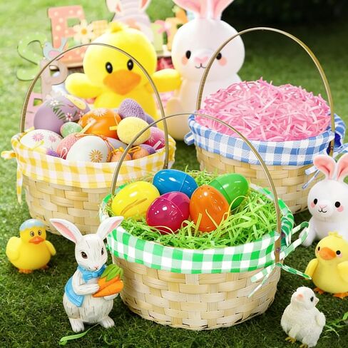 3 PCS Easter Bamboo Baskets with Plaid Lining and Handle Easter Bunny Gifts for Easter Egg Hunt, Kids Party Treats, Filling with Party Favors, Spring Party Favors, Outdoor Activity Prizes in Saudi Arabia
