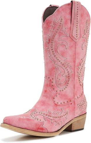 ZXHYZLZ Women’s Pink Embroidered Cowgirl Boots – Western Knee High Cowboy Boots with Classic Stitching, Pull On Design and Low Block Heel in Kuwait