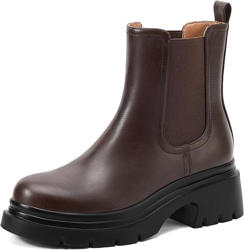 FEMSTEP Women's Chelsea Boots, Slip On Chunky Heel Womens Booties Platform Ankle Boots Round Toe Elastic Ankle Boot for Casual Office Outdoor Shoes in Kuwait